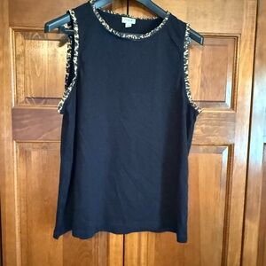 J Crew Black Sleeveless Top with Animal Print Trim